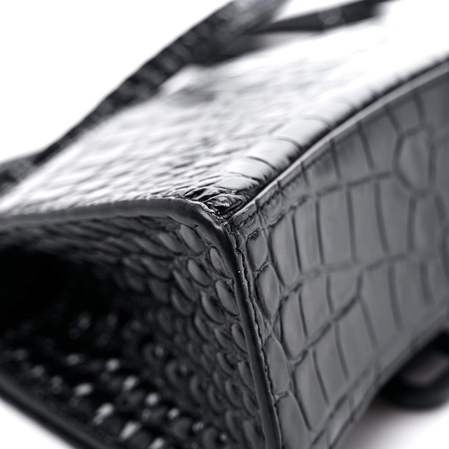 Shiny Calfskin Monochrome Crocodile Embossed Hourglass Top Handle Bag XS Black