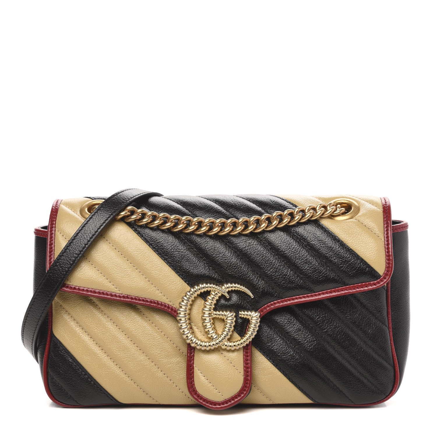 Gucci Vintage Effect Calfskin Matelasse Diagonal Striped Small Torchon GG Marmont Shoulder Bag Black Beige 1 of 10