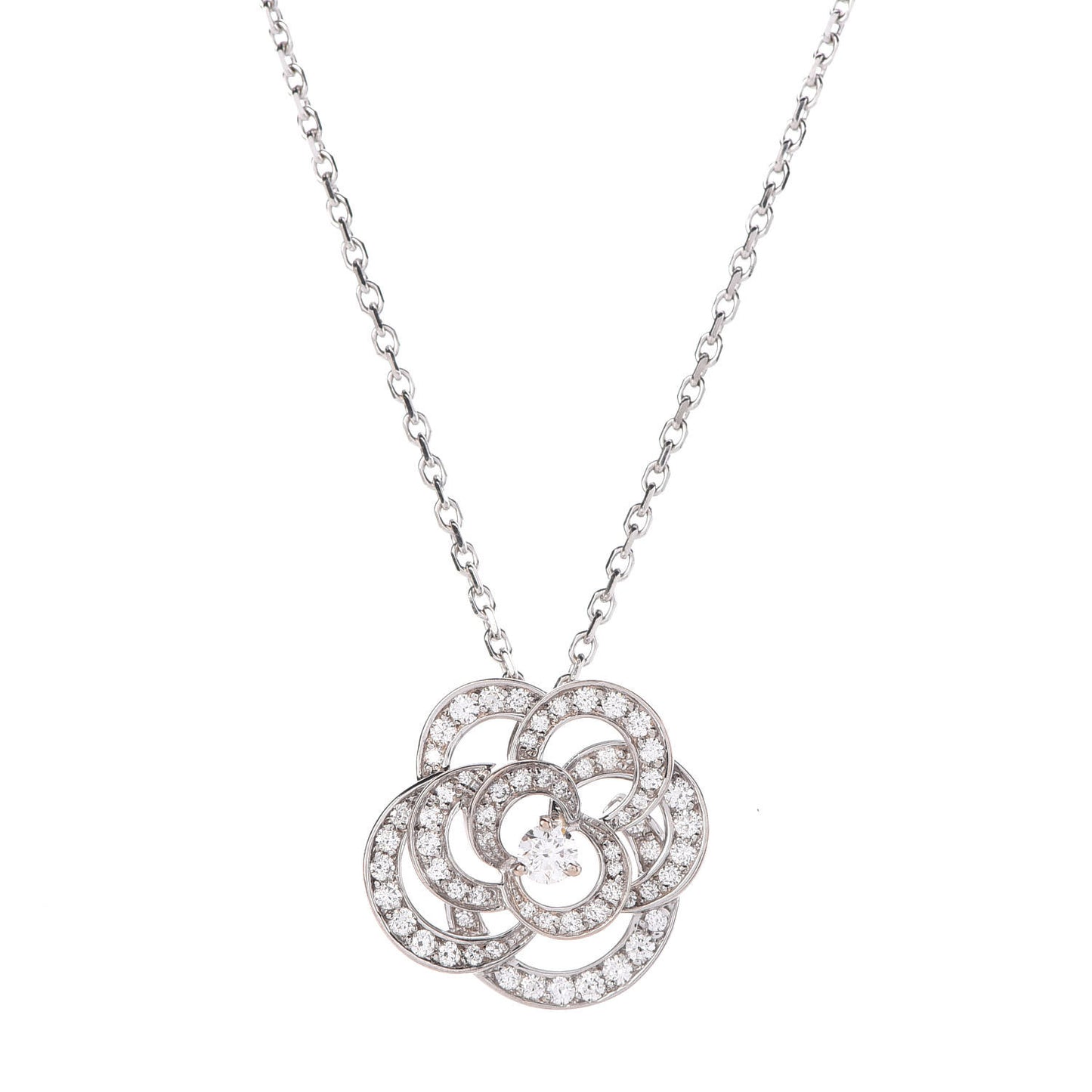 18K White Gold Diamond Small Camelia Pendant Necklace