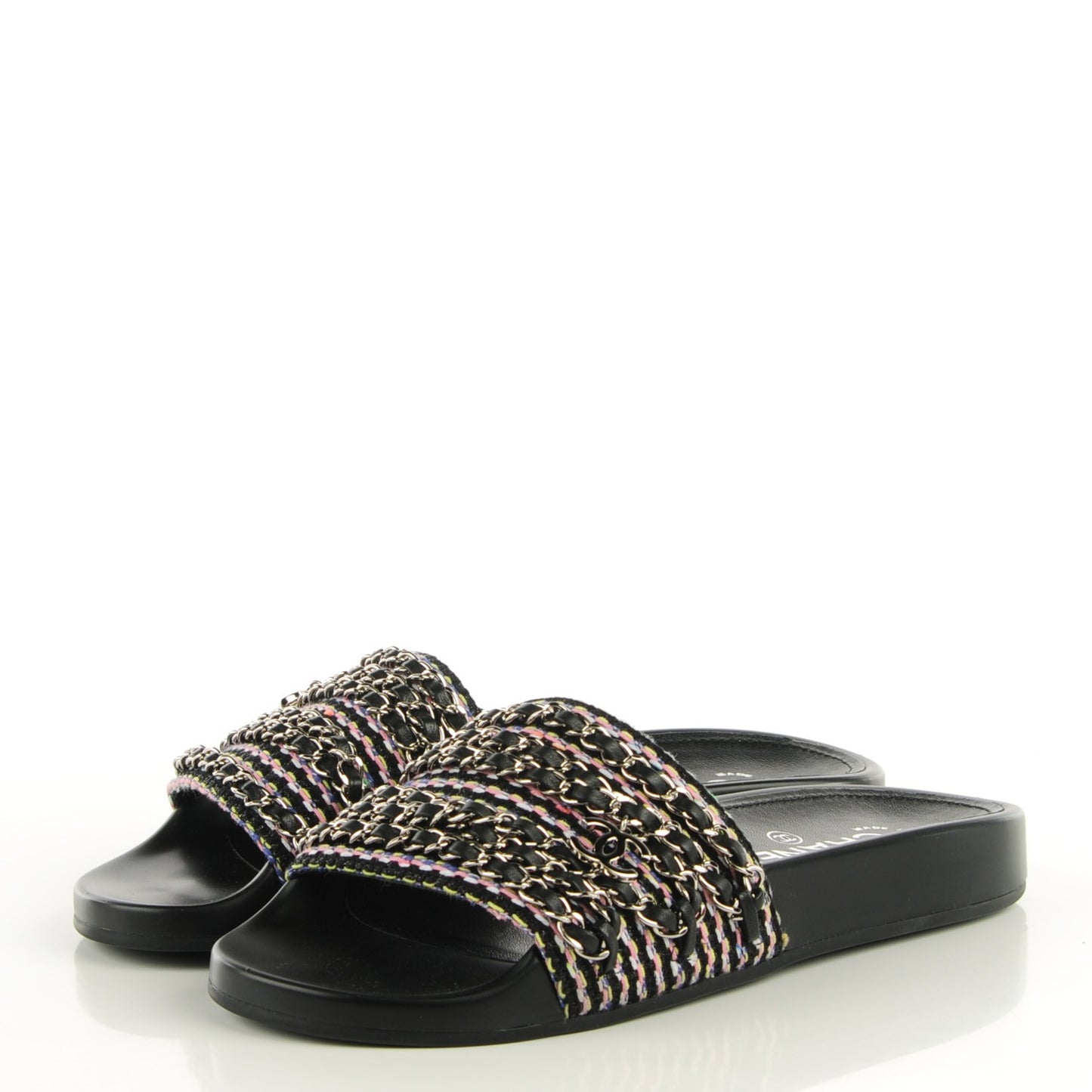 Tweed Lambskin Chain Flat Mules 37 Black Multicolor