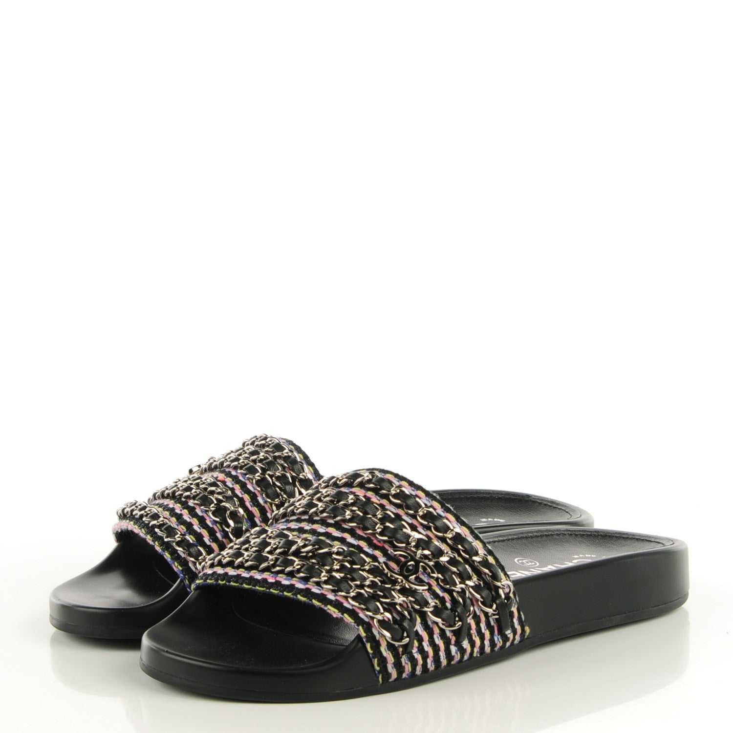 Chanel Tweed Lambskin Chain Flat Mules 37 Black Multicolor 3 of 8