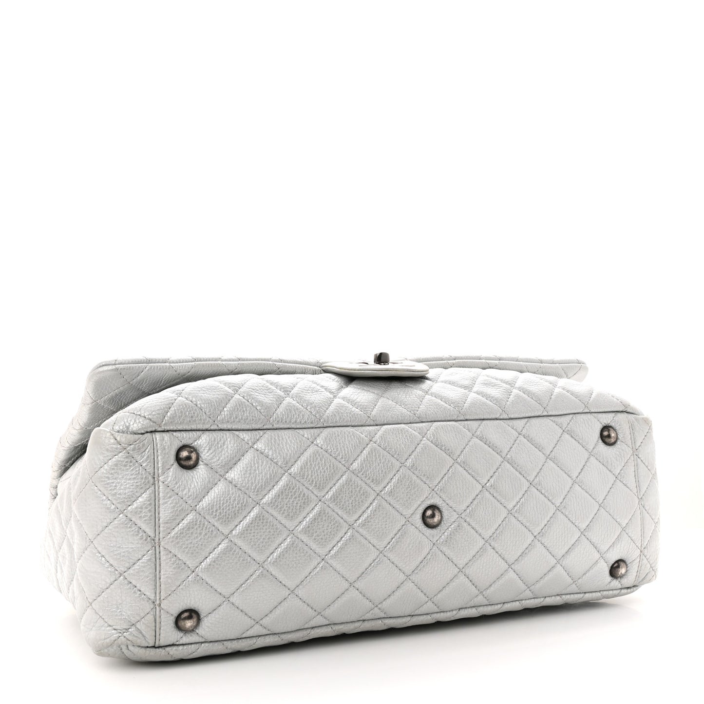Metallic Calfskin Quilted XXL Travel Flap Bag Silver