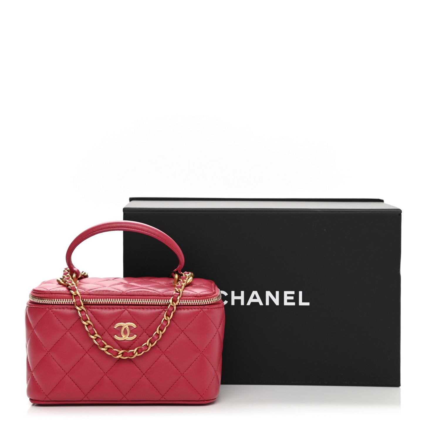 Lambskin Quilted Small Top Handle Vanity Case With Chain Dark Pink