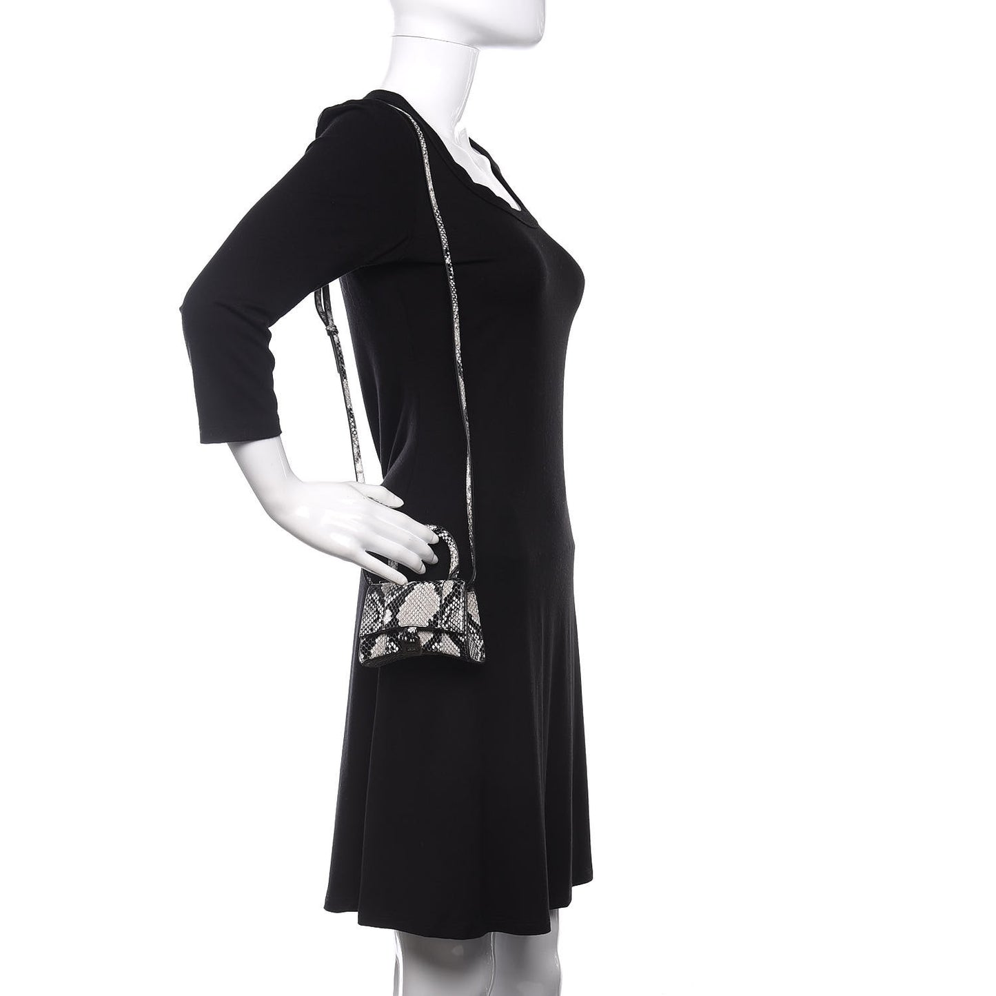 Shiny Calfskin Python Effect Hourglass Top Handle Bag Mini Black White