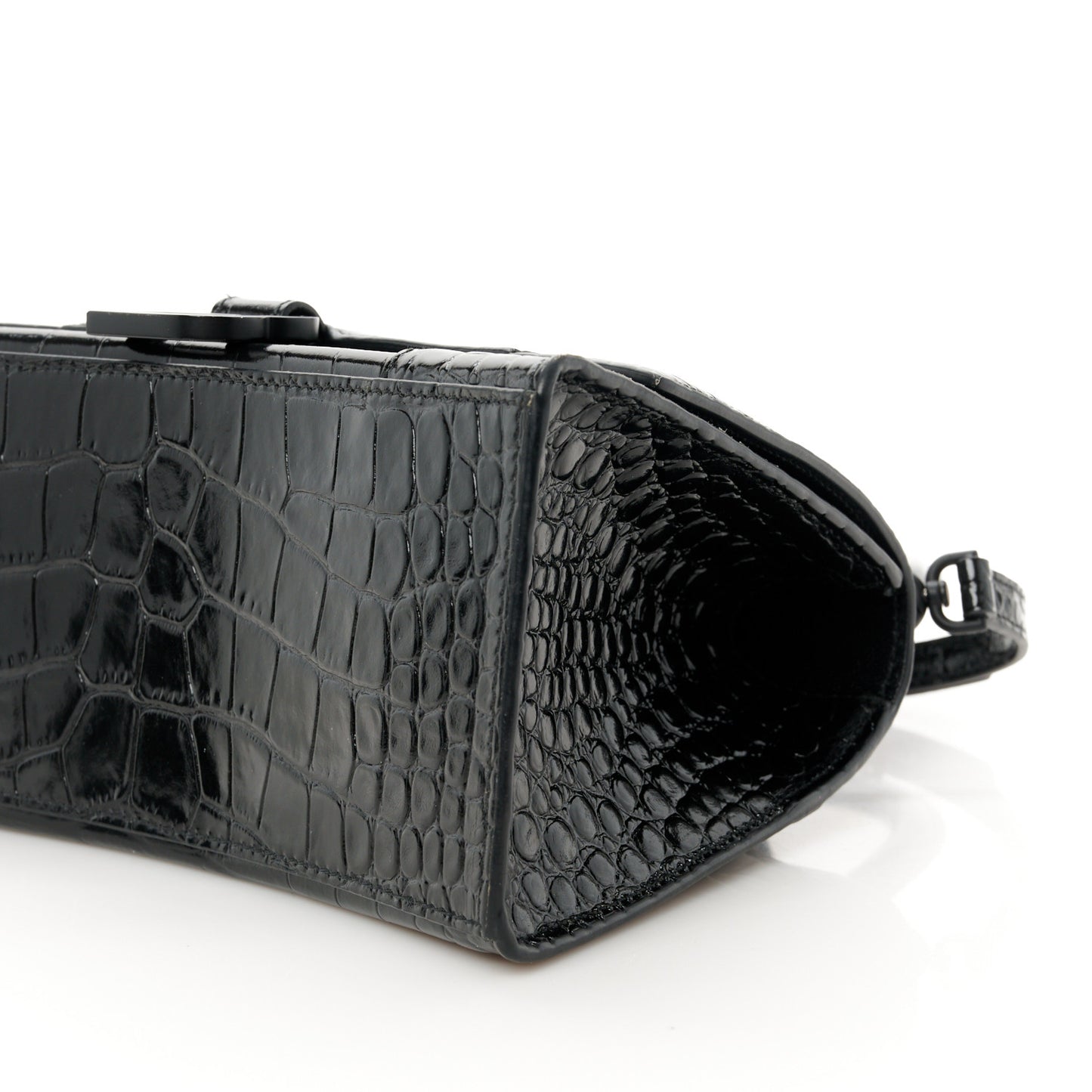 Shiny Calfskin Monochrome Crocodile Embossed Small Hourglass Top Handle Bag Black