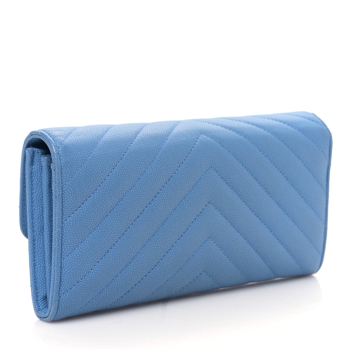 Caviar Chevron Quilted Large Flap Wallet Light Blue