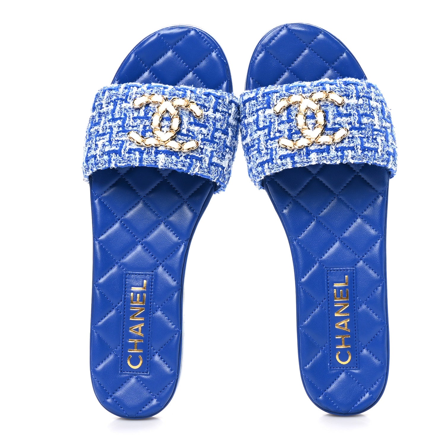 Chanel Cotton Tweed Chain CC Mule Sandals 38.5 Blue White 2 of 10