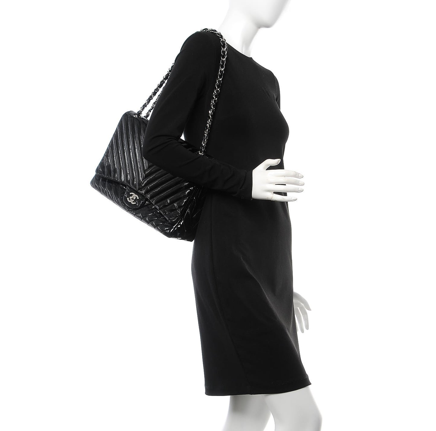 Patent Chevron Quilted Maxi Single Flap Black