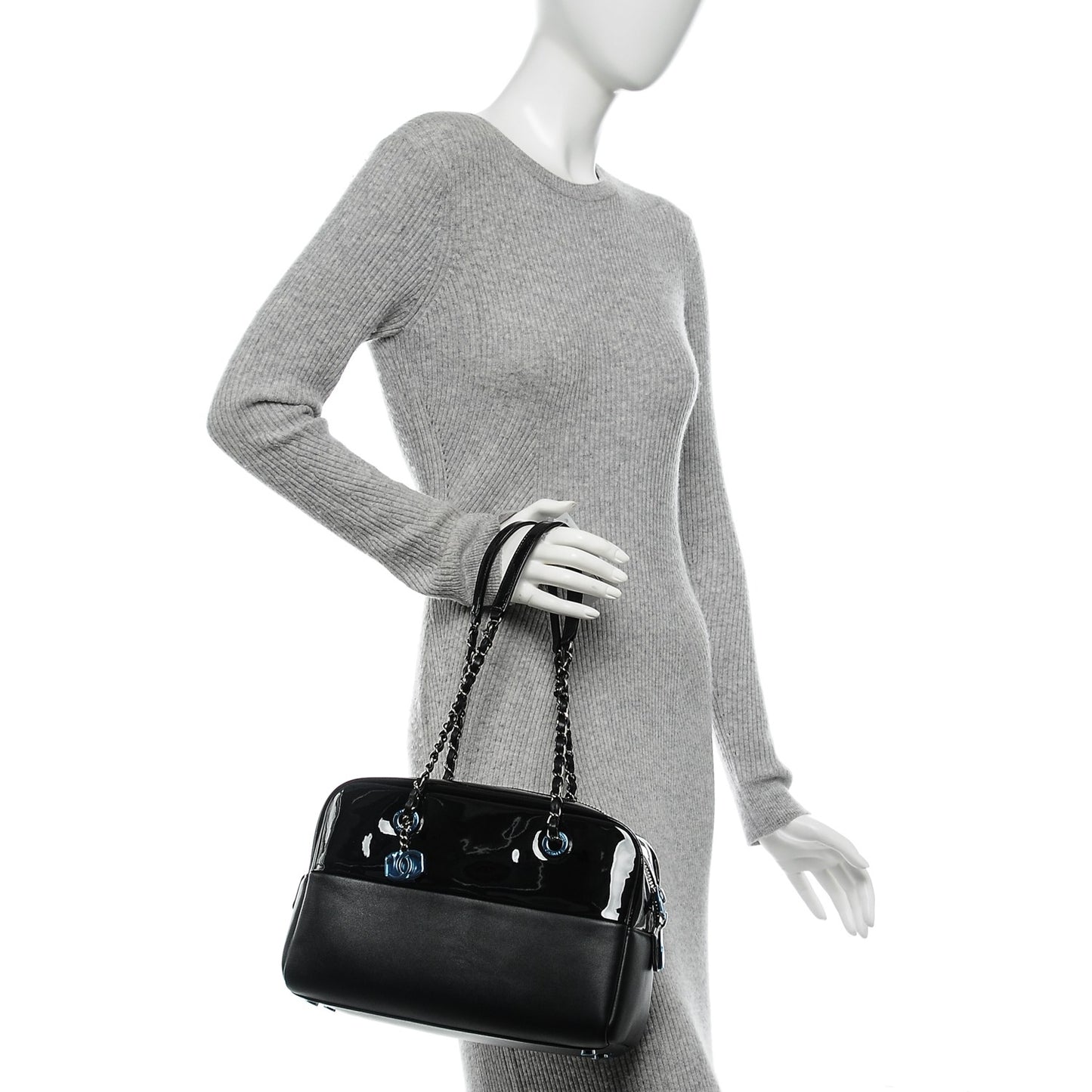 Patent Calfskin Timeless Duo Bowling Bag Black