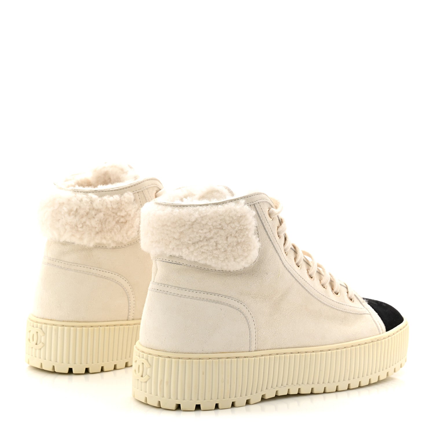 Chanel Kid Suede Shearling Sheepskin Lace Up Boots 38 Ivory White Black 4 of 8