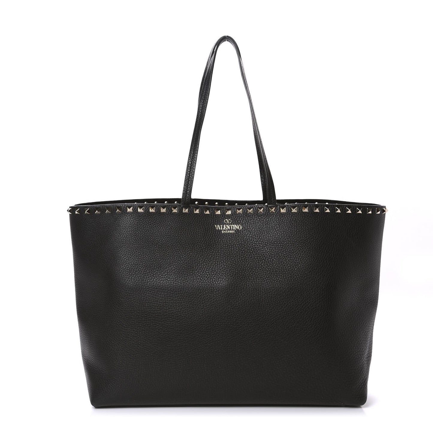 Grained Calfskin Rockstud Shoulder Tote Black