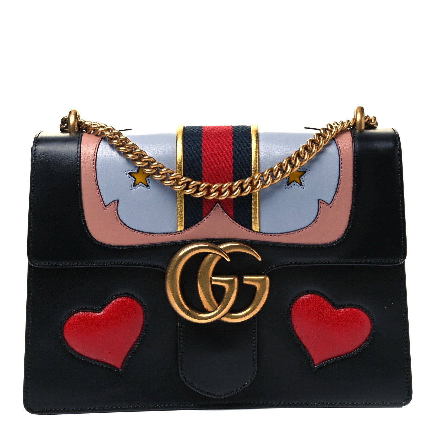 Gucci Calfskin Web Heart Medium GG Marmont Chain Handle Bag Black 1 of 9
