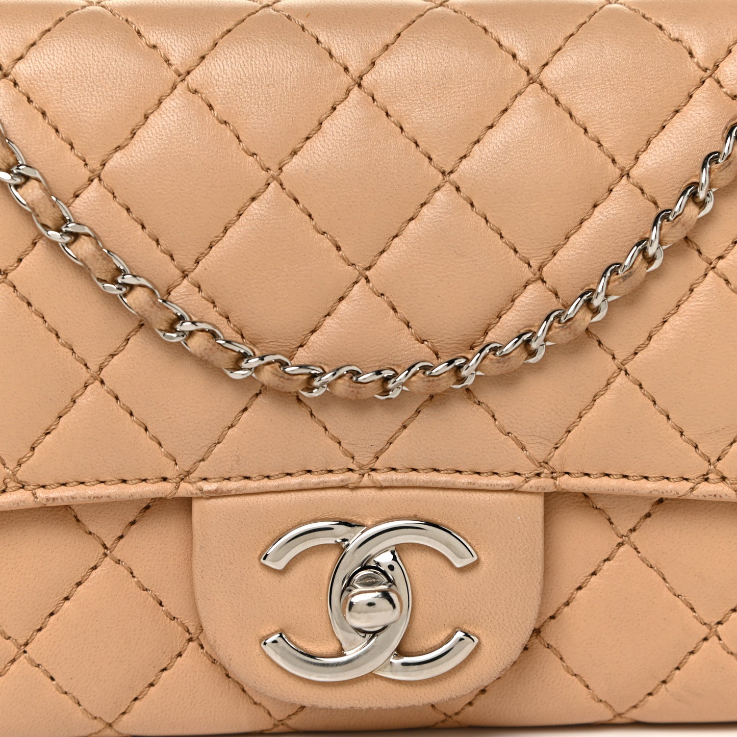 Lambskin Quilted Chain Clutch Flap Beige