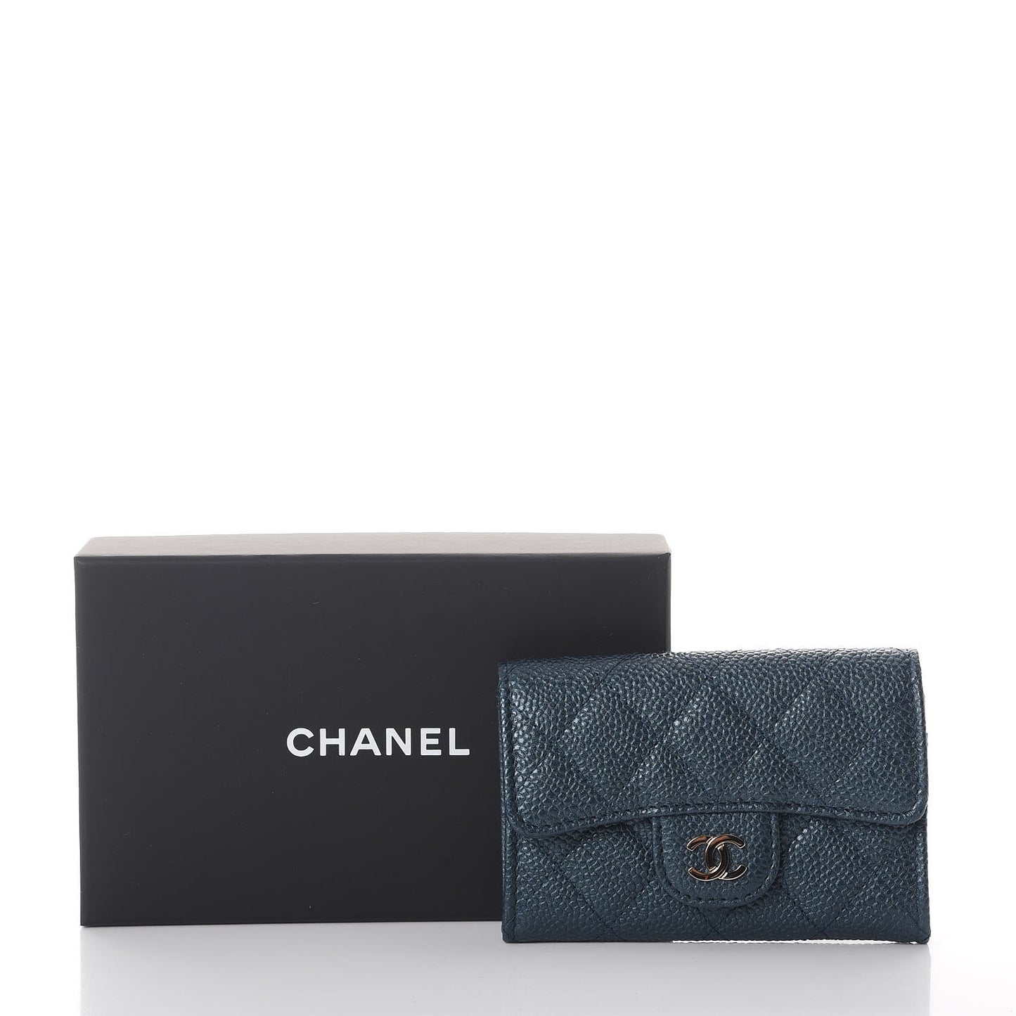 Metallic Caviar Quilted Flap Card Holder Dark Blue