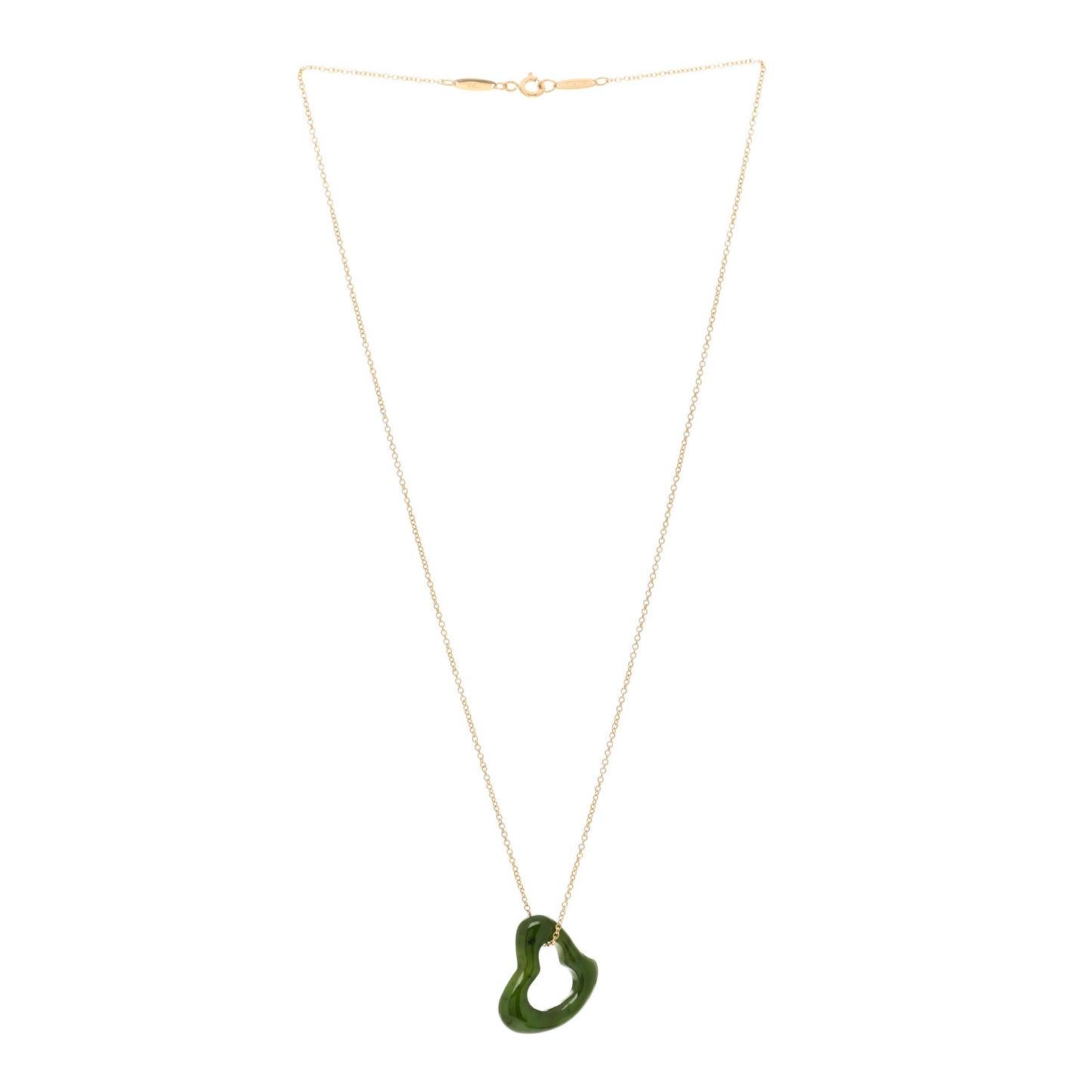 18K Yellow Gold Jade 23mm Elsa Peretti Open Heart Pendant Necklace