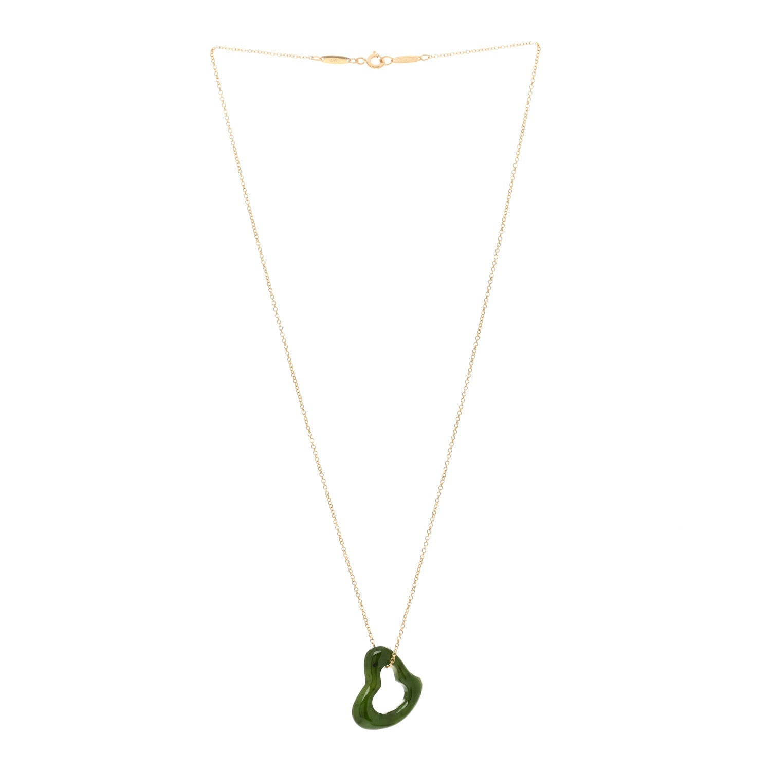 Tiffany 18K Yellow Gold Jade 23mm Elsa Peretti Open Heart Pendant Necklace 3 of 4