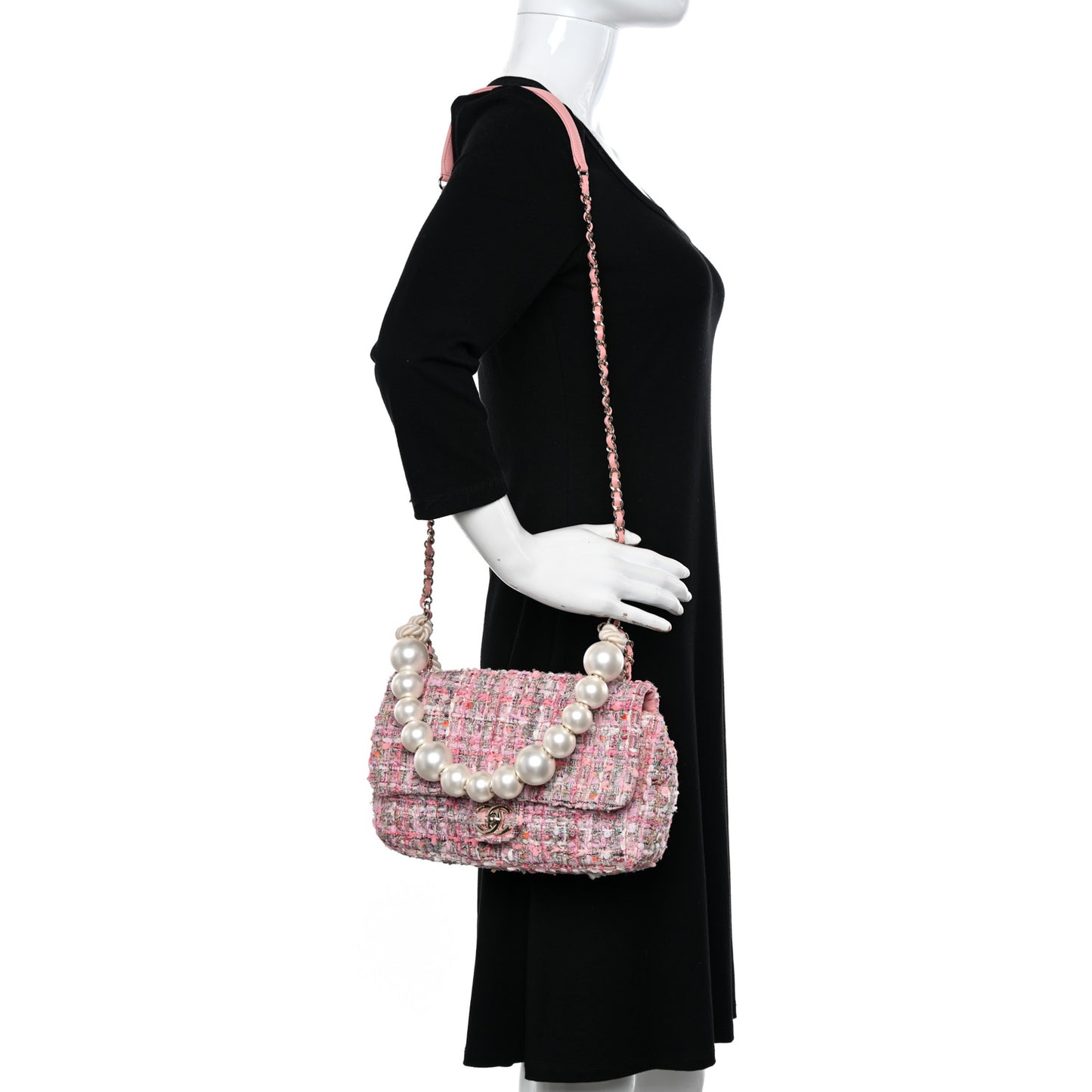 Tweed Medium Pearl Handle Flap Pink Beige Orange Ecru