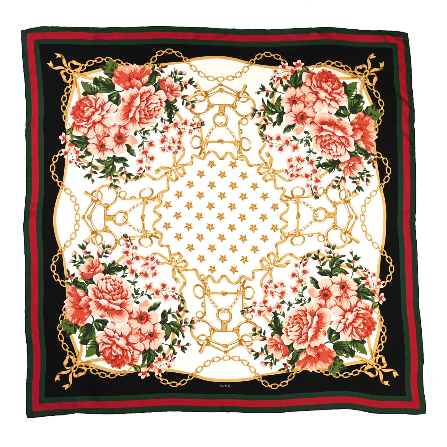 Wool Silk Floral Web Square Scarf Black Dark Green