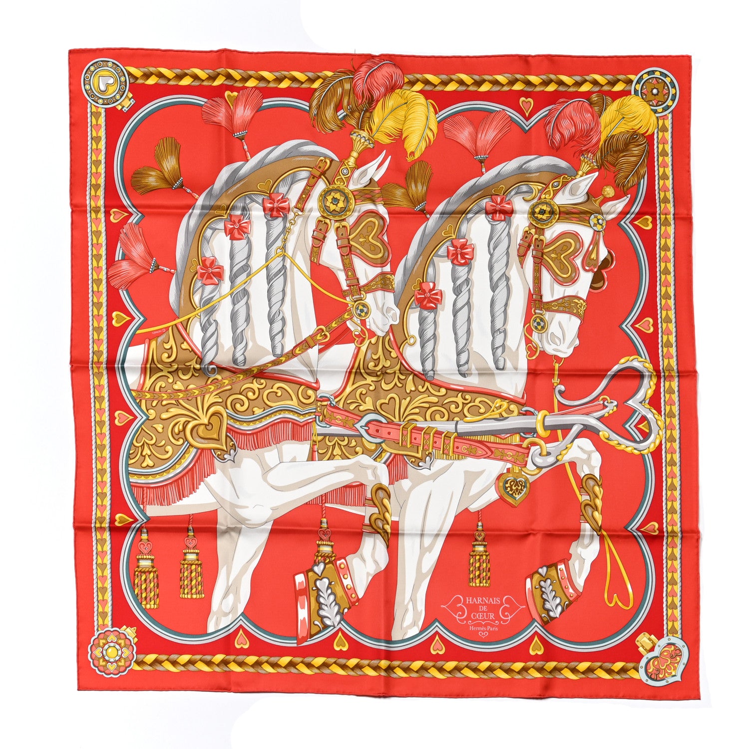 Hermes Silk Harnais De Coeur Scarf 90 Rouge White Gold 1 of 5