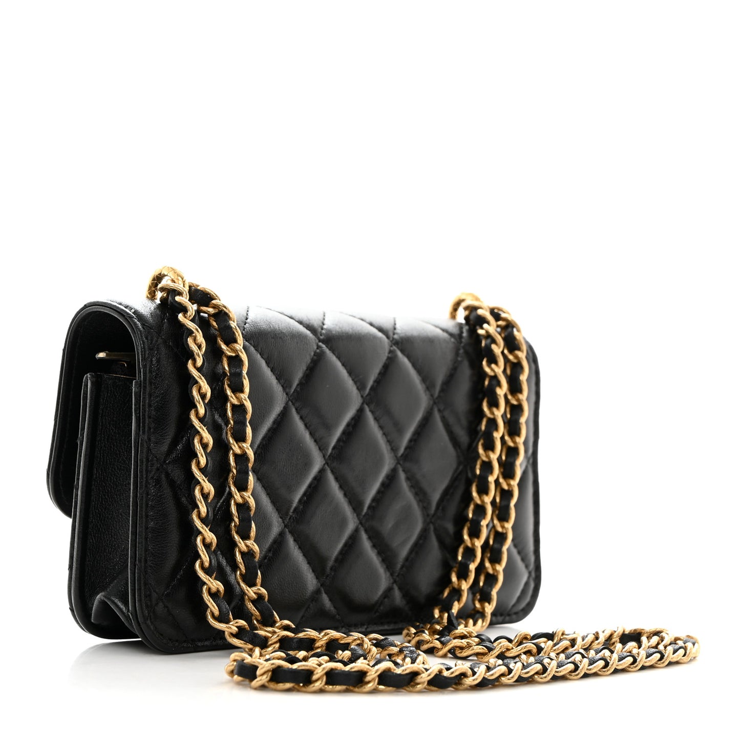 Lambskin Quilted Dynasty Flap Phone Holder With Chain Black