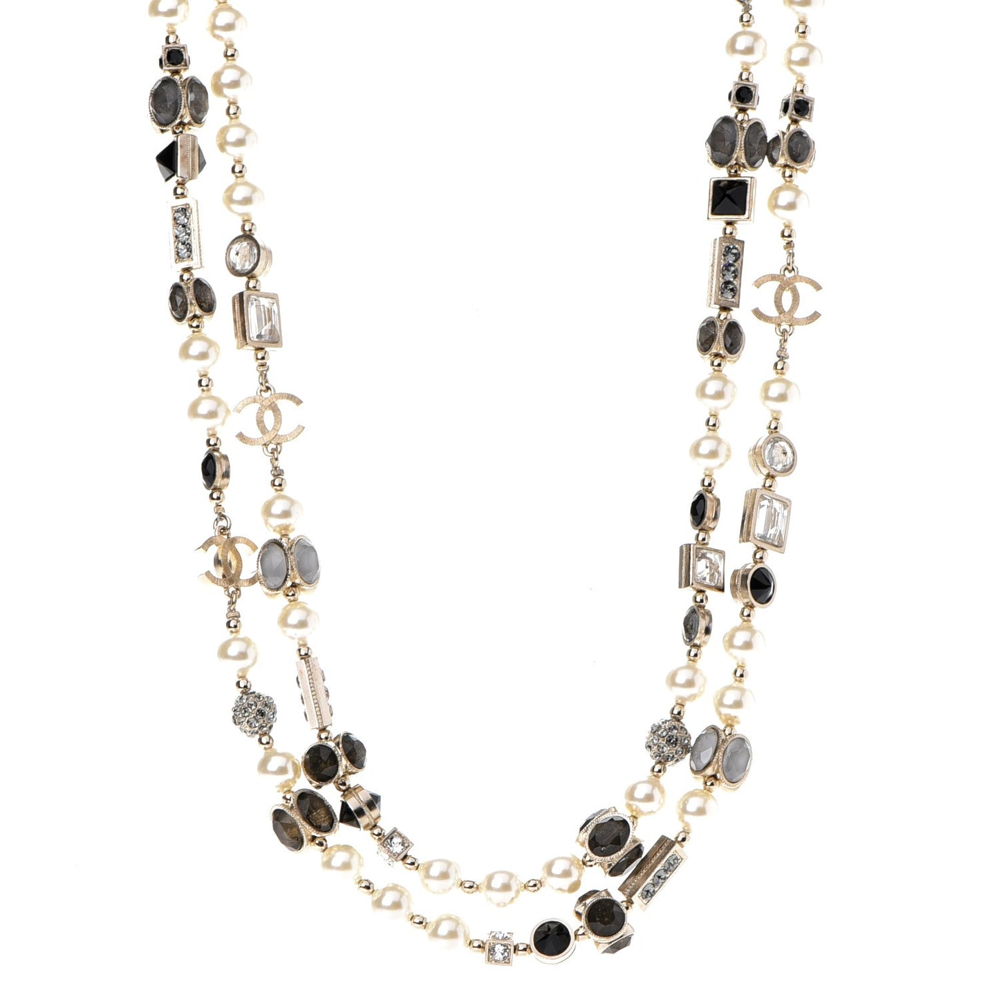 Pearl Gripoix Baguette Crystal CC Long Strand Necklace Gold