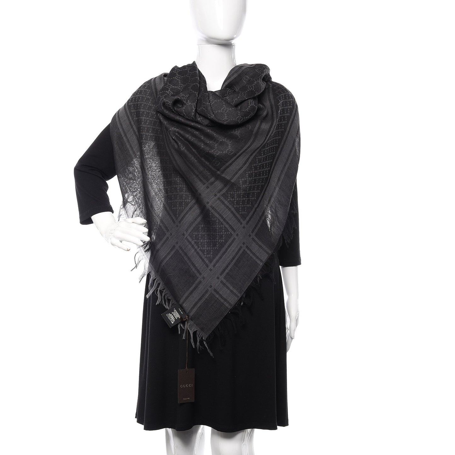 Wool Silk GG Monogram Diamante Plaid Surviee Shawl Graphite Black
