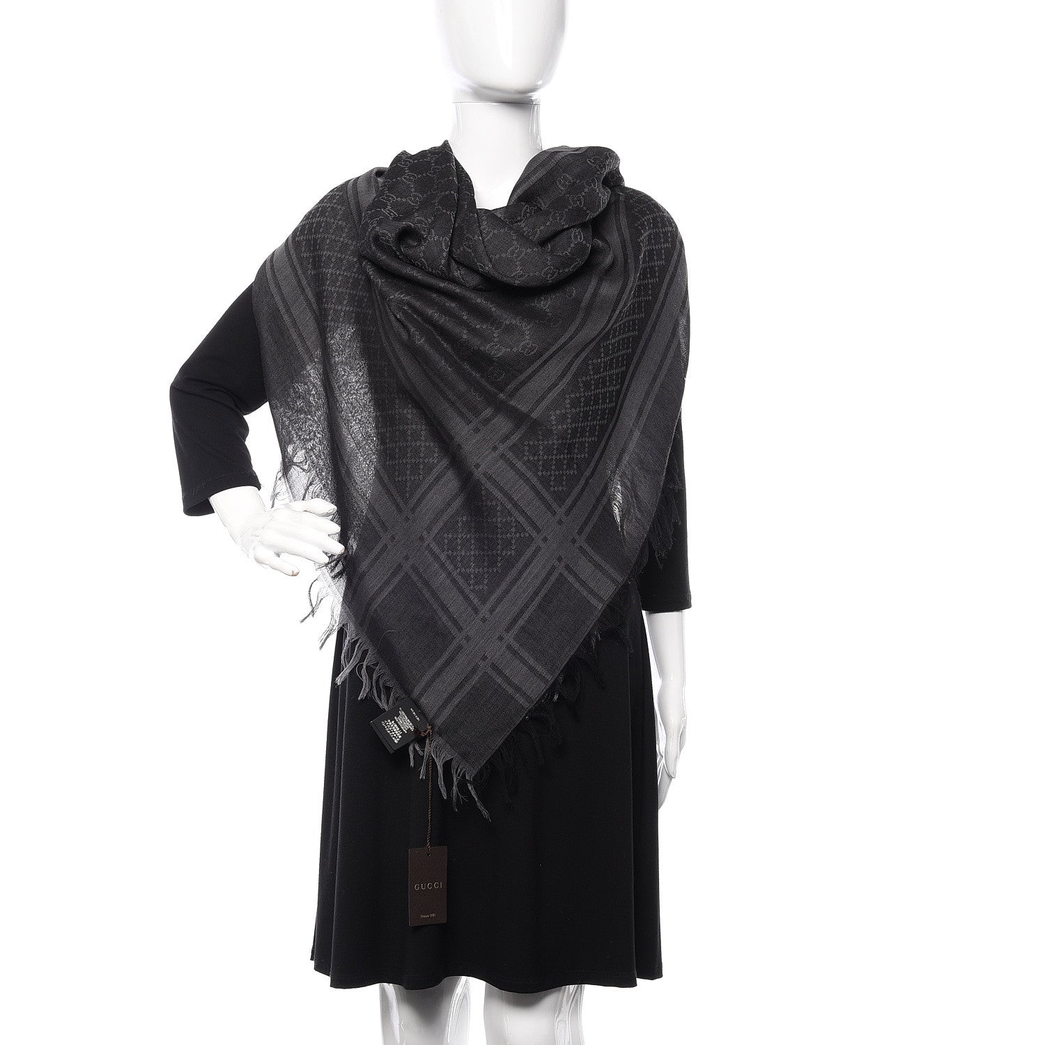 Gucci Wool Silk GG Monogram Diamante Plaid Surviee Shawl Graphite Black 2 of 5