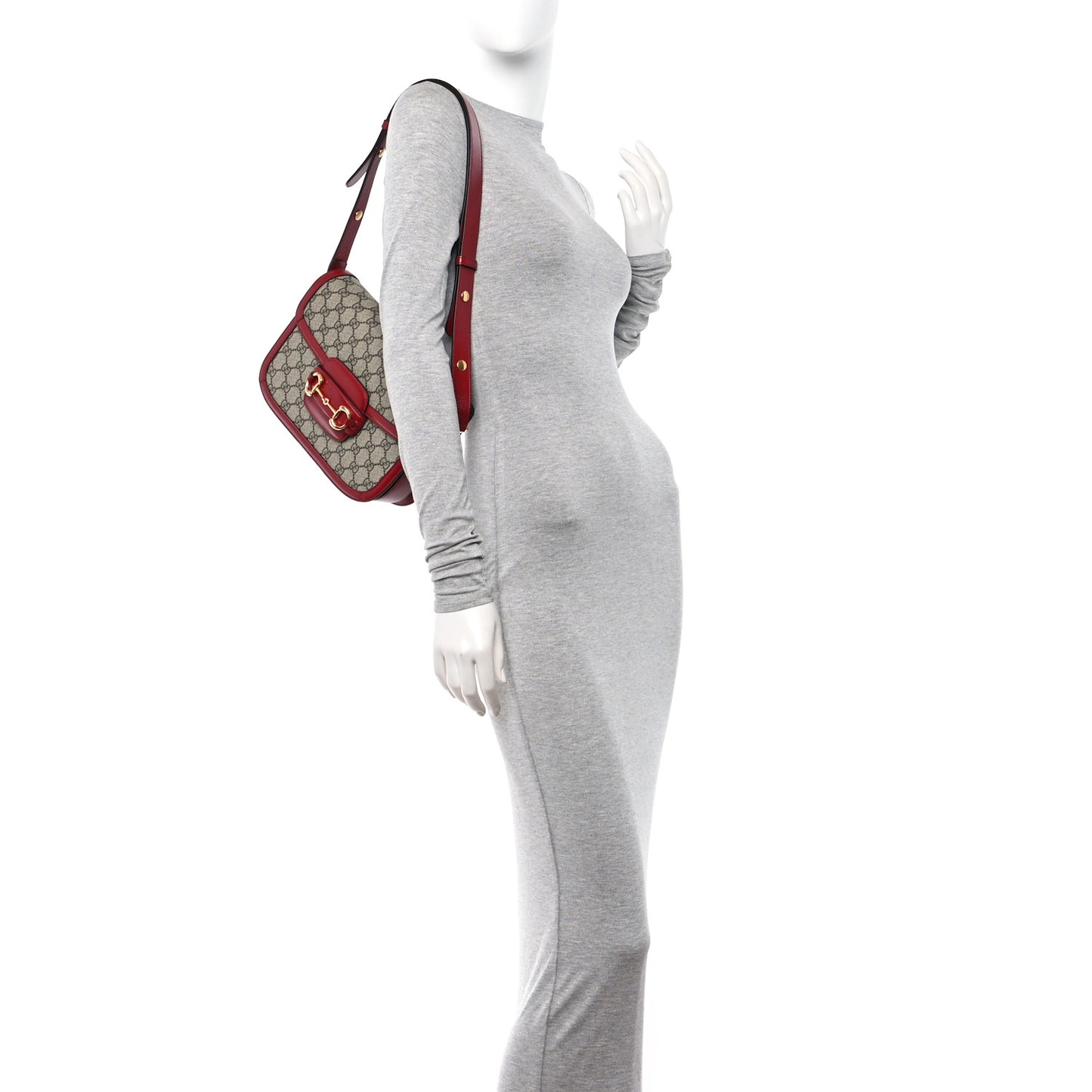 GG Supreme Monogram Azalea Calfskin Horsebit 1955 Shoulder Bag Beige Ebony New Cherry Red