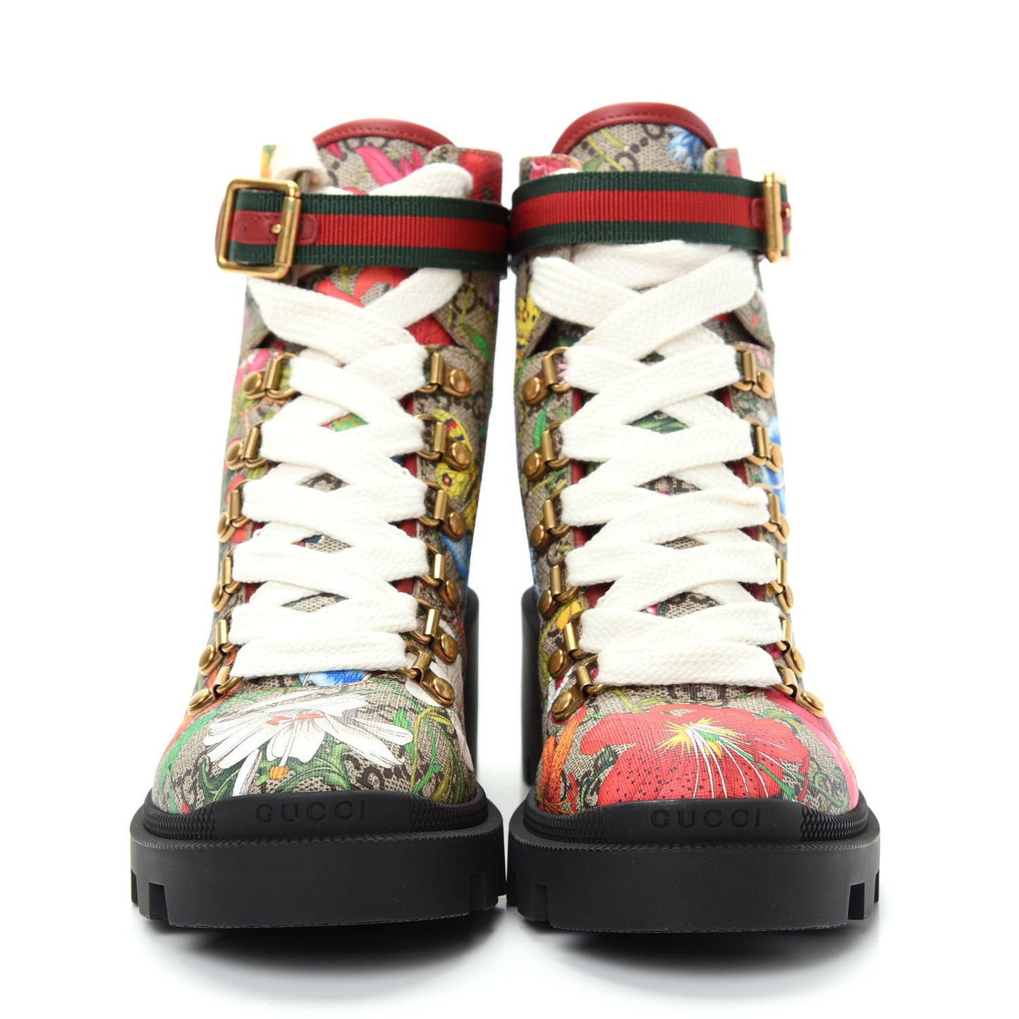 GG Supreme Monogram Flora Lace Up Combat Ankle Boots 36.5 Beige Multicolor Red