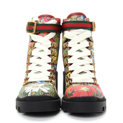 Gucci GG Supreme Monogram Flora Lace Up Combat Ankle Boots 36.5 Beige Multicolor Red 2 of 11