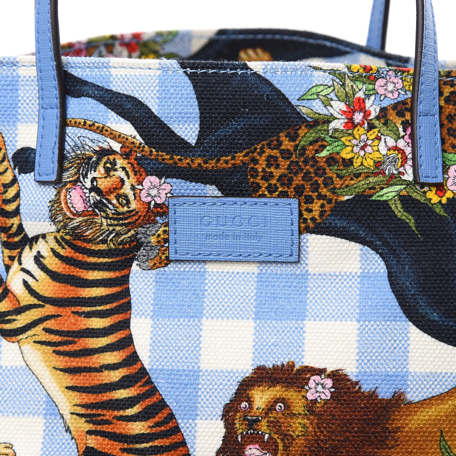 Gucci Canvas Kids Felines Vichy Print Tote Clear Sky Blue 454939