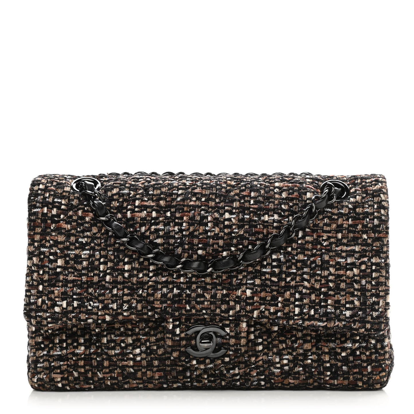 Tweed Quilted Medium Double Flap Brown
