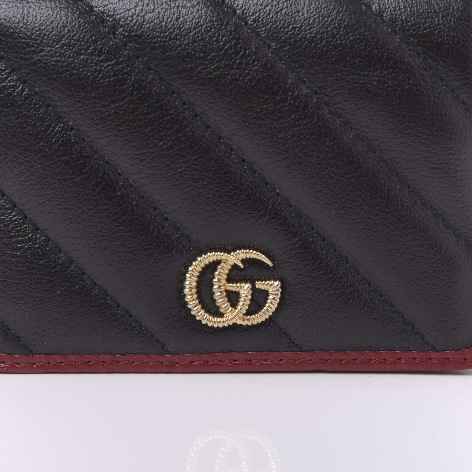 Gucci Vintage Effect Calfskin Matelasse Diagonal Torchon GG Marmont Card Case Wallet Black Romantic Cherry 9 of 10