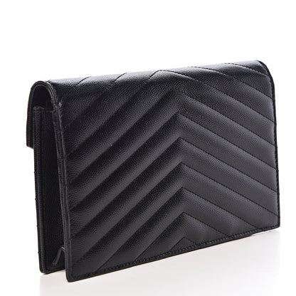 Saint Laurent Grain De Poudre Matelasse Chevron Monogram Envelope Chain Wallet Black 3 of 10