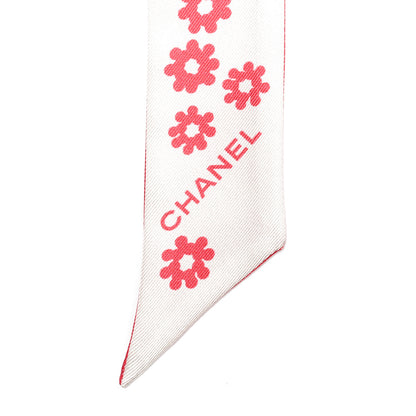 Chanel Silk Twill CC Flowers Slim Bandeau Scarf Coral Ecru 3 of 4