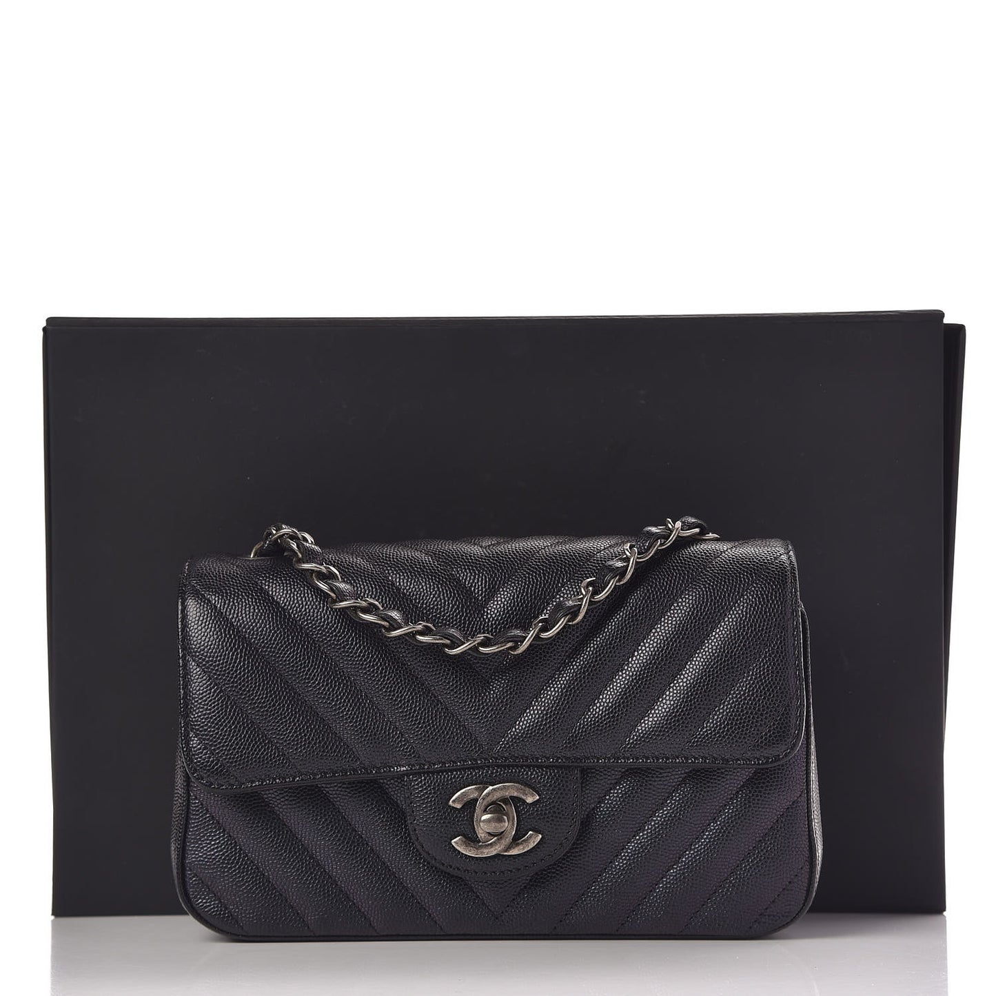 Iridescent Caviar Chevron Quilted Mini Rectangular Flap Black