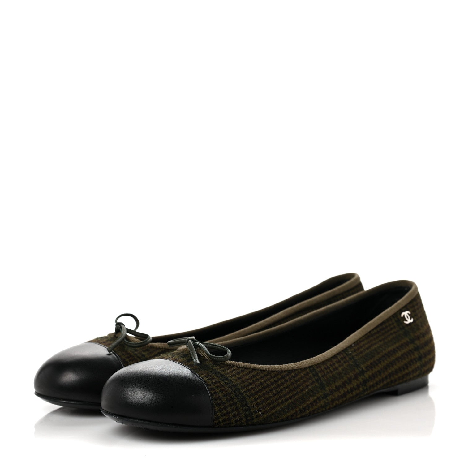 Chanel Tweed Lambskin Cap Toe Ballerina Flats 41 Green Black 3 of 7
