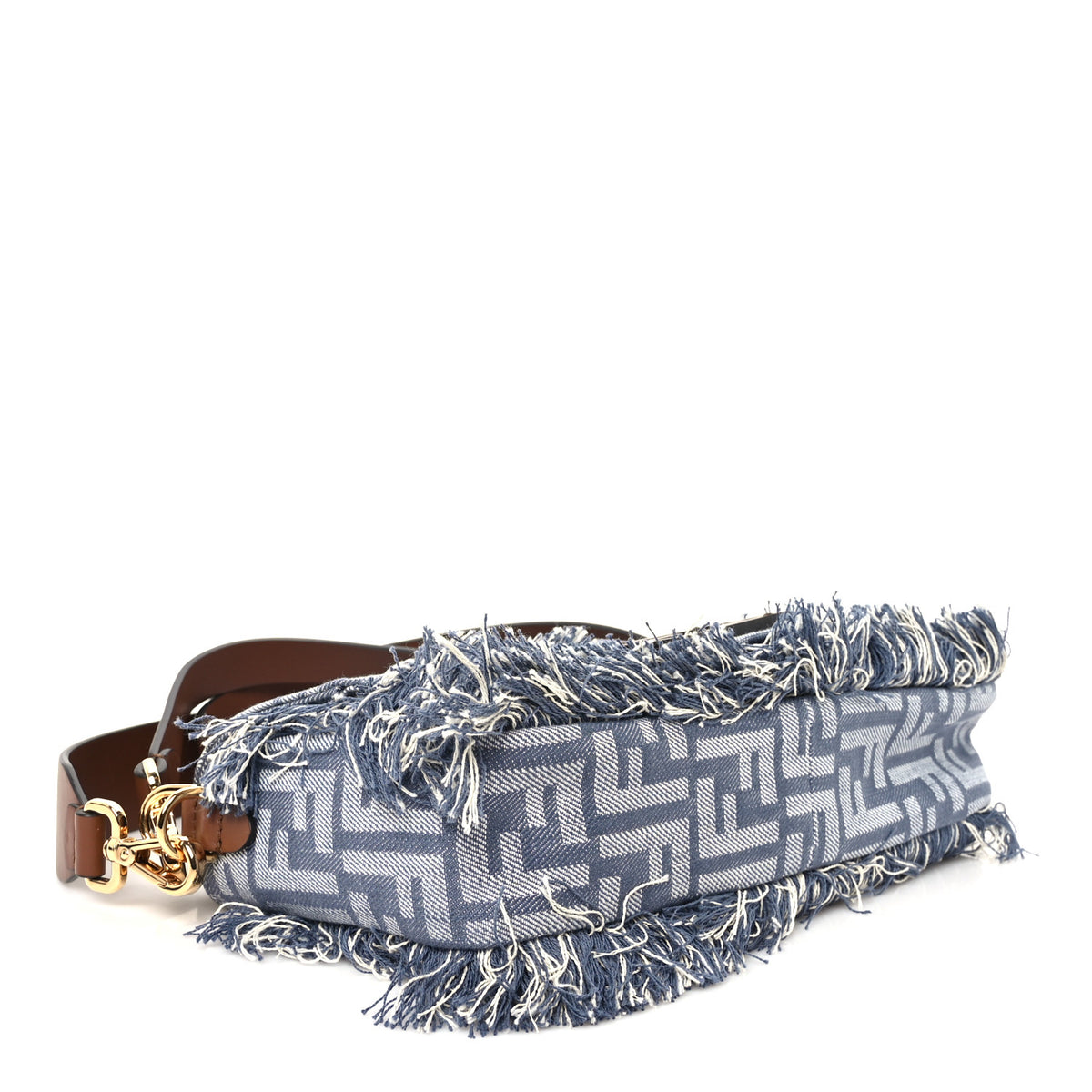Denim Vitello Fringe FF Embroidered Baguette Myrtle Dark Nut