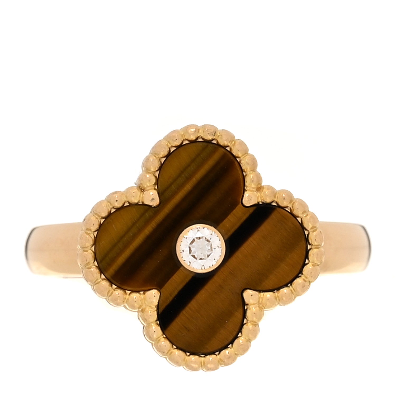 Van Cleef & Arpels 18K Yellow Gold Diamond Tigers Eye Vintage Alhambra Ring 55 7.25 1 of 6