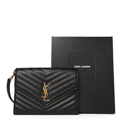 Saint Laurent Grain De Poudre Matelasse Chevron Monogram Envelope Clutch Black 7 of 7