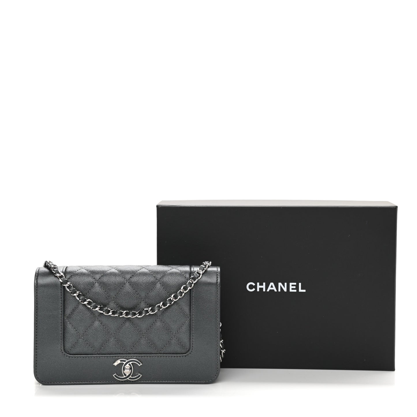 Metallic Caviar Chevron Quilted Vintage Mademoiselle Wallet On Chain WOC Charcoal