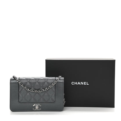Chanel Metallic Caviar Chevron Quilted Vintage Mademoiselle Wallet On Chain WOC Charcoal 12 of 12
