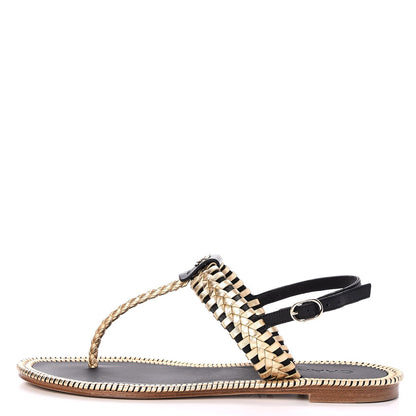Chanel Metallic Lambskin Calfskin Braided Thong Sandals 40.5 Black Gold 1 of 8