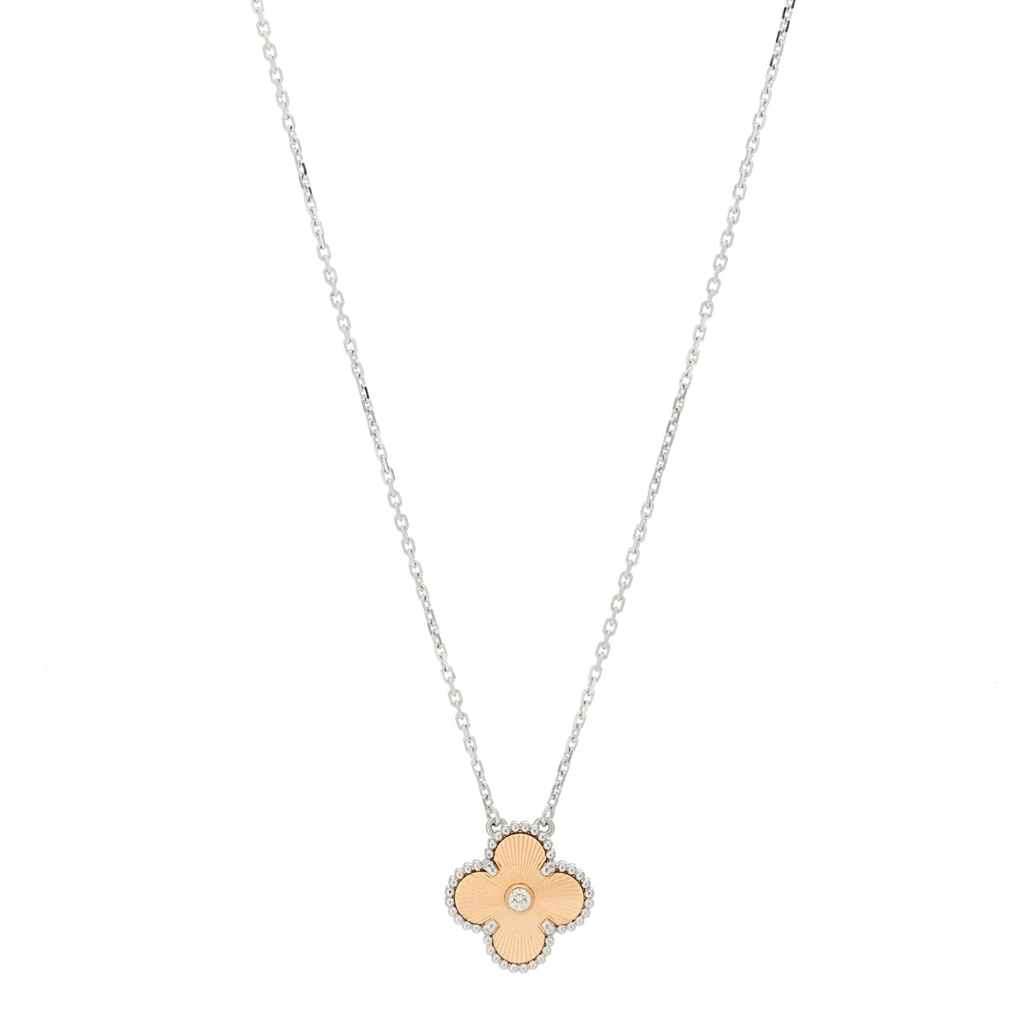 Van Cleef & Arpels 18K White Rose Gold Diamond Guilloche Vintage Alhambra Pendant Necklace 1 of 5