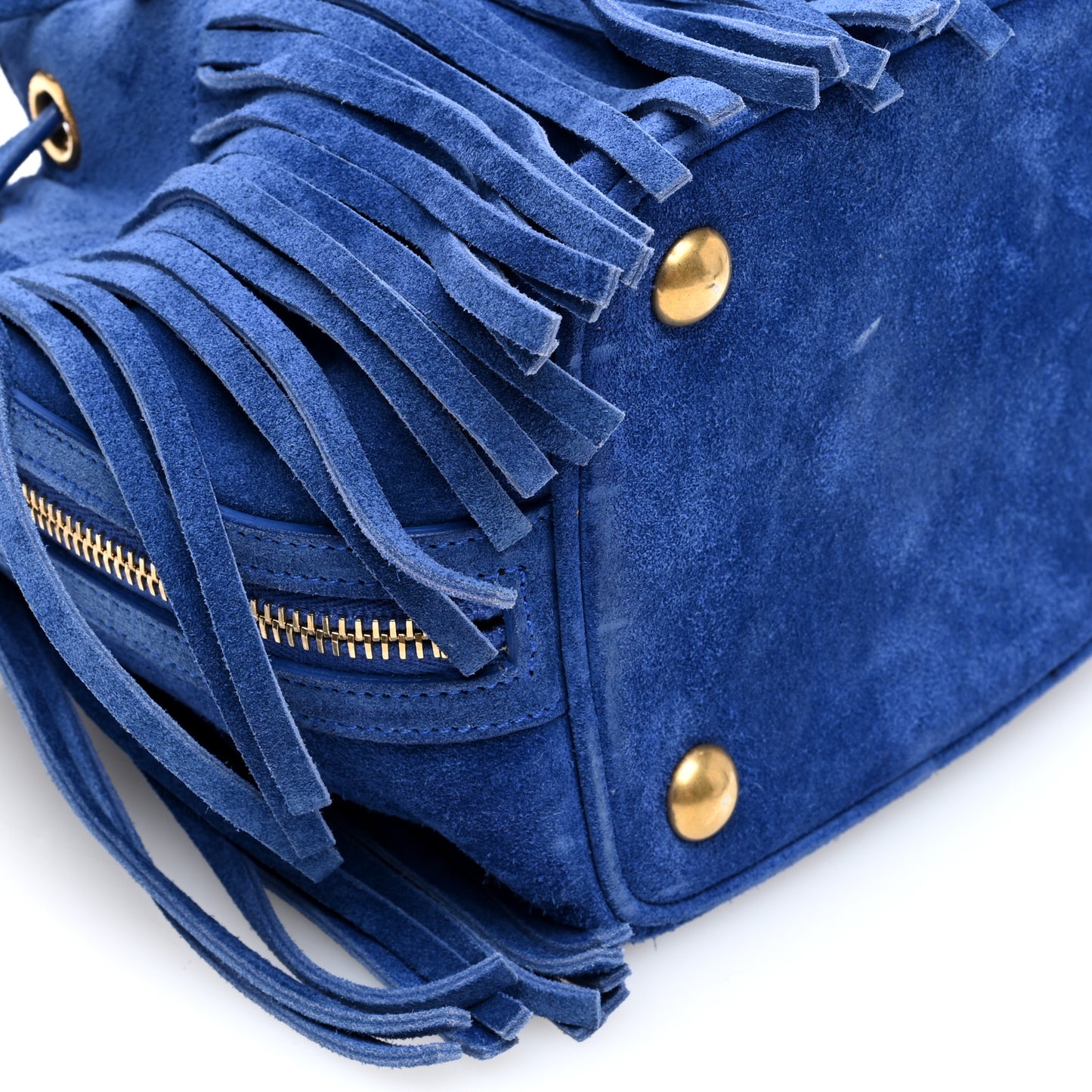 Suede Calfskin Small Emmanuelle Fringe Bucket Bag Blue