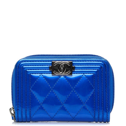 Chanel Metallic Patent Quilted Zip Around Boy Coin Purse Wallet Blue 1 of 8