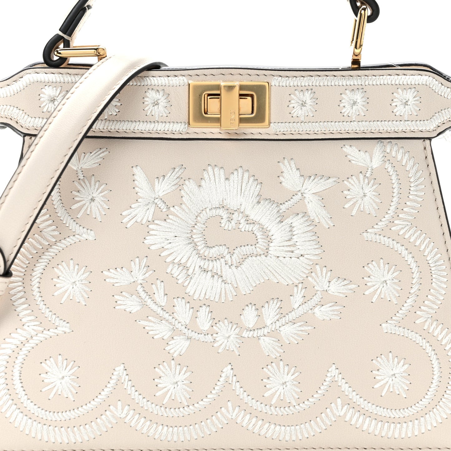 Vitello Seta Shiny Nappa Floral Embroidered Petite Peekaboo I SEE U Satchel Camelia White Ice