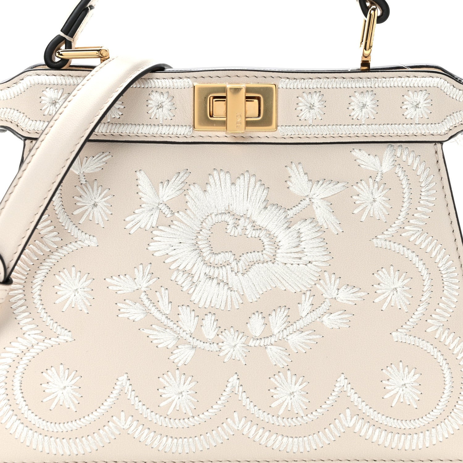 Fendi Vitello Seta Shiny Nappa Floral Embroidered Petite Peekaboo I SEE U Satchel Camelia White Ice 7 of 11