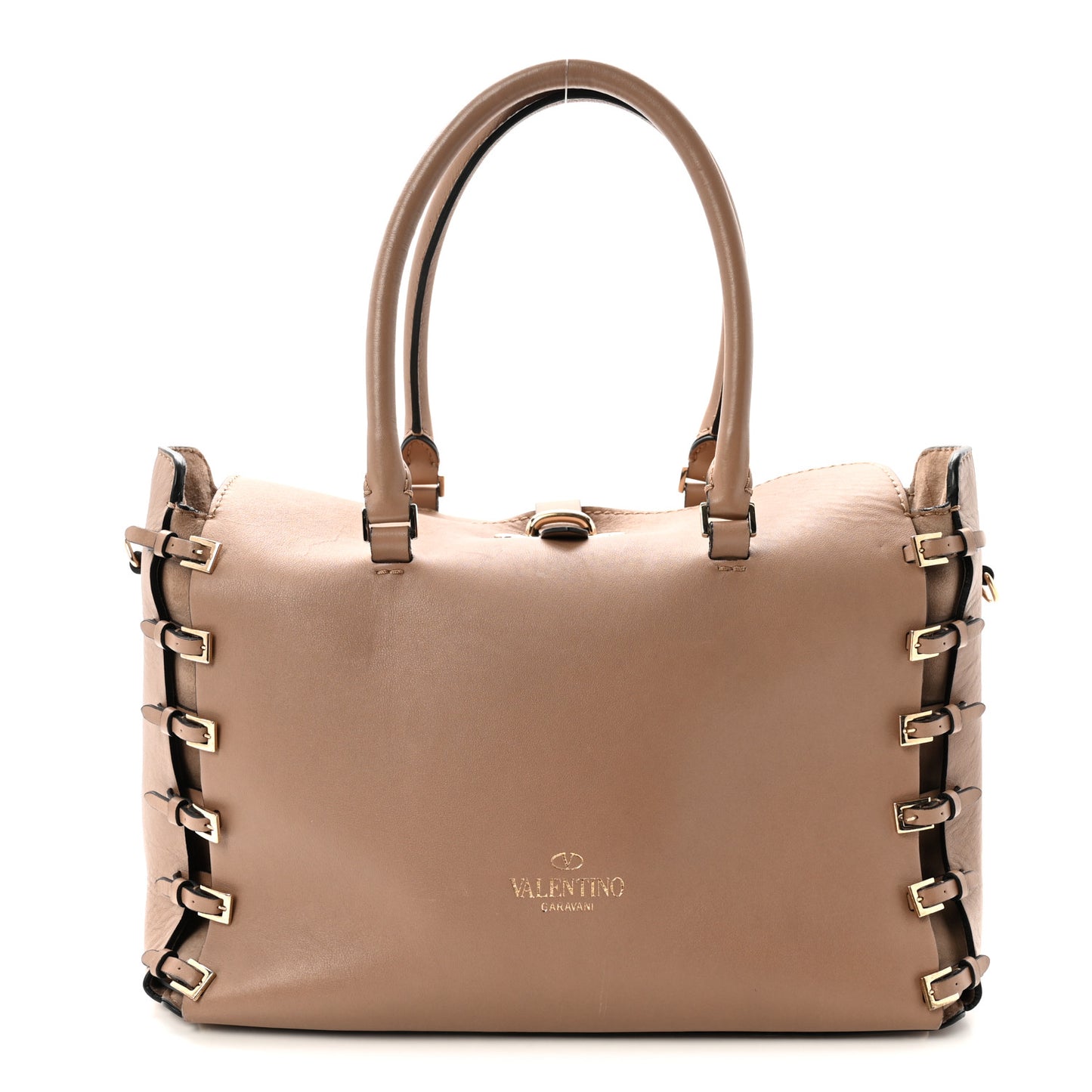Vitello Buckle Trimmed Top Handle Satchel Poudre