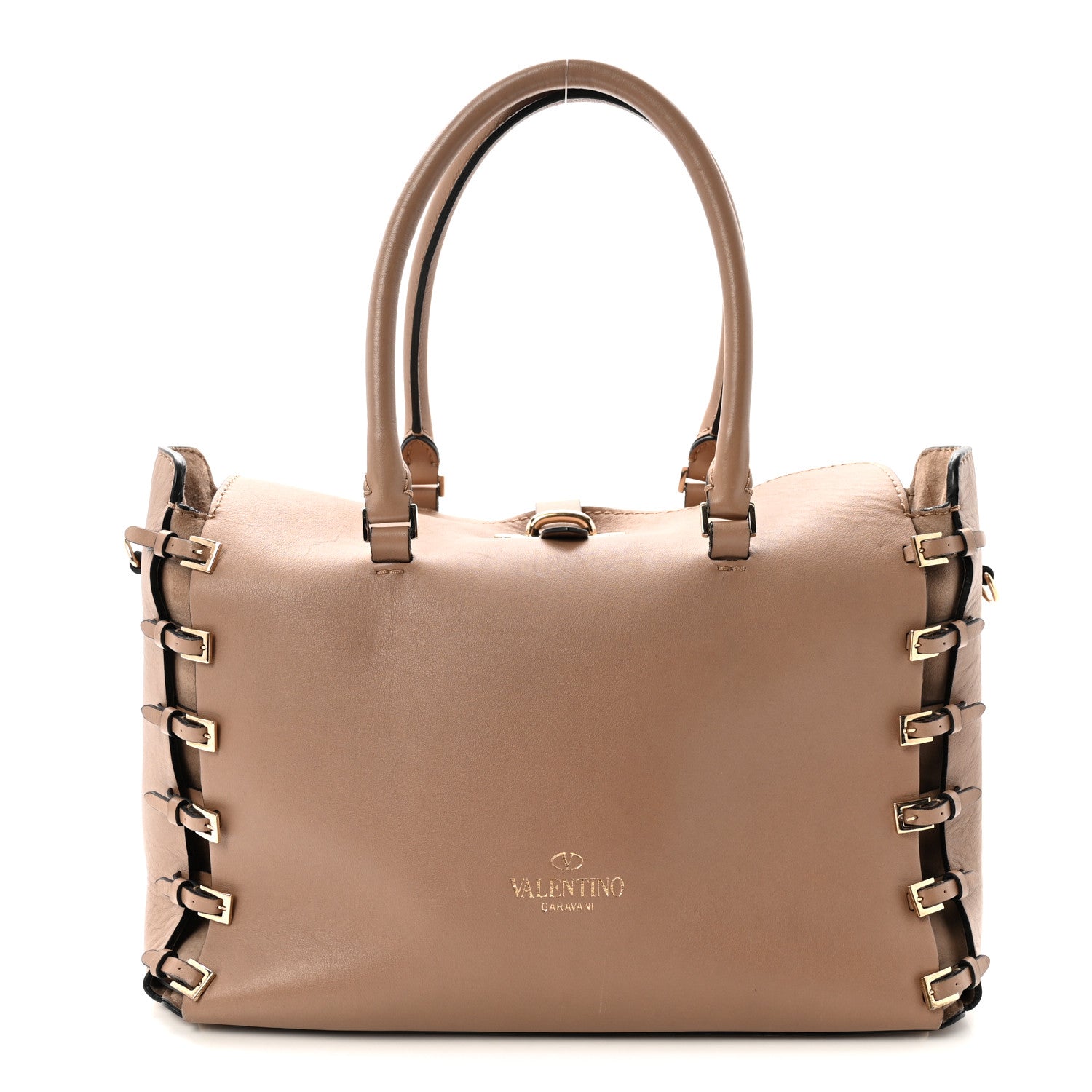 Valentino Garavani Vitello Buckle Trimmed Top Handle Satchel Poudre 1 of 9